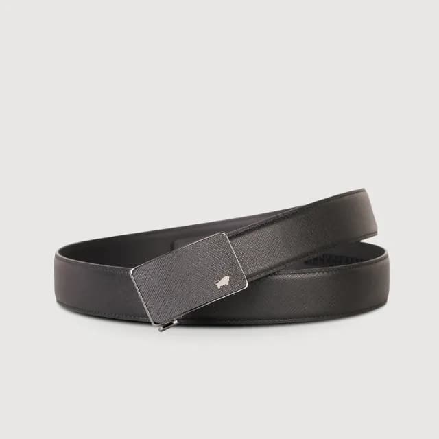【BRAUN BUFFEL 德國小金牛】台灣總代理 商務型男十字壓紋自動扣皮帶-黑色(父親節禮物/BF24B-WEG046-BK)