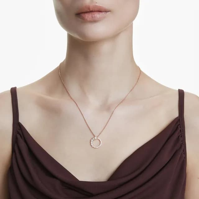 【SWAROVSKI 施華洛世奇】Matrix 鏈墜 水晶珍珠 圓形切割 白色 鍍玫瑰金色調
