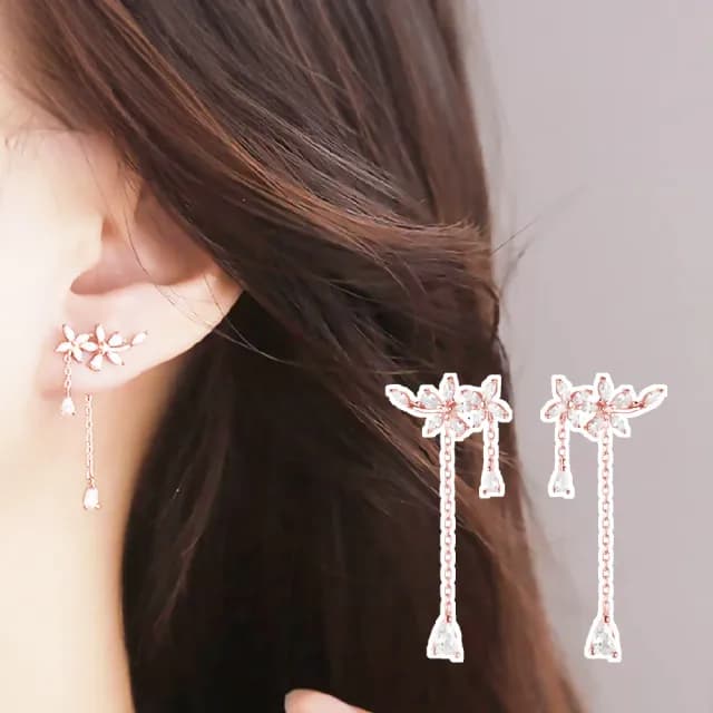 【韓劇女主】金秘書同款女神花朵流蘇垂墜鑲鑽耳環(耳夾式耳環 耳骨夾 耳夾  無耳洞可 禮物)