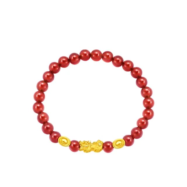 【周大福】雙元寶貔貅紅玉髓黃金手鍊