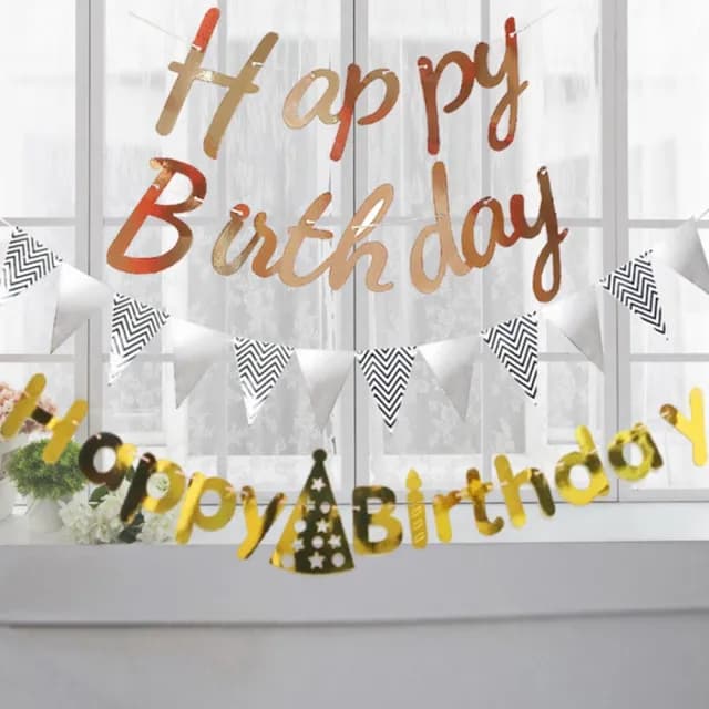 【橘魔法】（燙金拉條三件組） 草寫生日快樂＋三角旗＋生日拉條(布置用品 週歲 生日 場地布置 裝飾 派對)