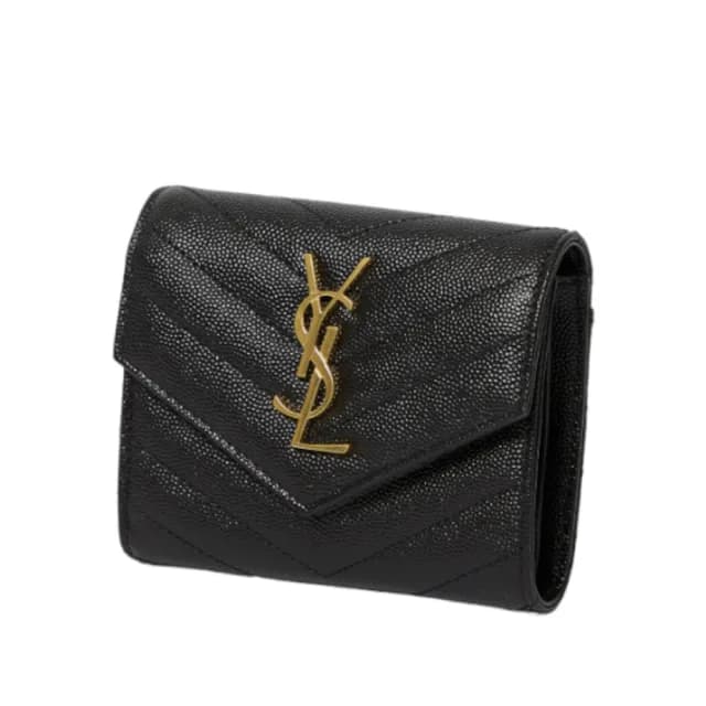 【YSL】SAINT LAURENT Cassandre 荔枝皮 皮革 三折開釦 短夾 卡夾 零錢包 黑色 金色 403943