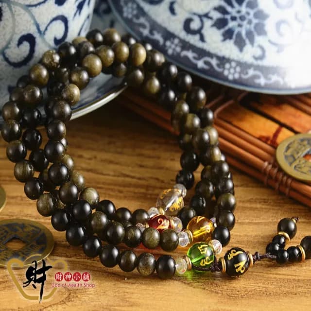 【財神小舖】108珠六字箴言金曜石手鍊/招財/排除負面能量(開運手鍊-已開光/黑曜石金曜石/佛珠/念珠/項鏈)