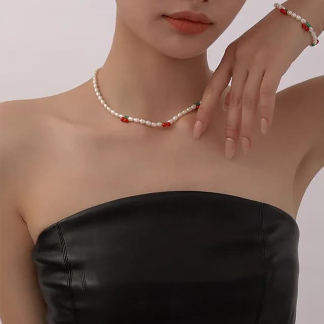 【KT DADA】情人節禮物 七夕 包包 可愛項鍊 女生禮物 櫻桃珍珠項鍊 珍珠項鍊 串珠項鍊 小香項鍊 韓國項鍊
