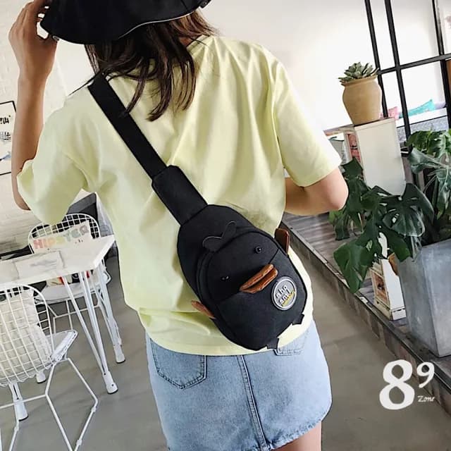 【89 zone】父親節禮物 日系可愛甜心小鴨 單肩包 帆布包 腰包 手提包(黃/黑/白/藍)