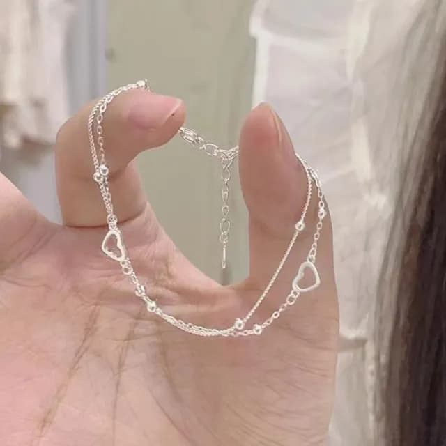 【LEEHER】雙11 女生/純銀手鍊/手鍊女/雙層手鍊/愛心手鍊/ins手鏈/手環/心形/閨蜜手鍊/韓國手鍊