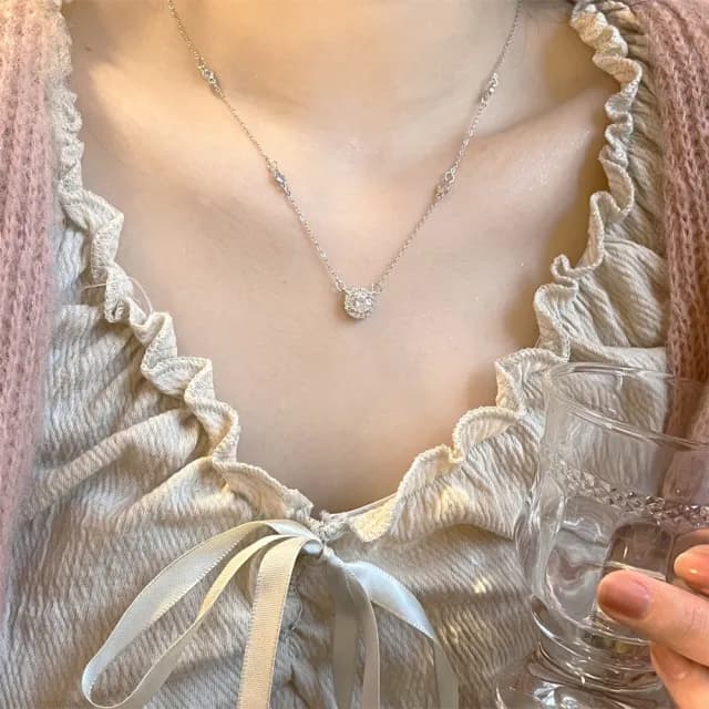 【LEEHER】圓形項鍊/鎖骨鍊/單鋯項鍊/純銀項鍊/鋯石項鍊/白金項鍊/生日禮物/氣質項鍊/ins項鍊
