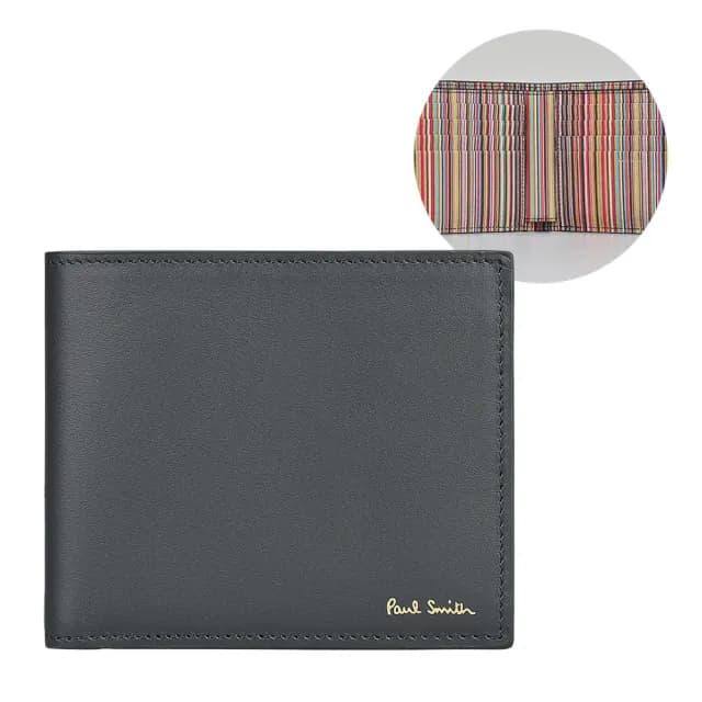 【Paul Smith】PAUL SMITH 燙金LOGO小牛皮搭配小羊皮8卡對折短夾(深綠x內深綠x內經典條紋經典條紋)