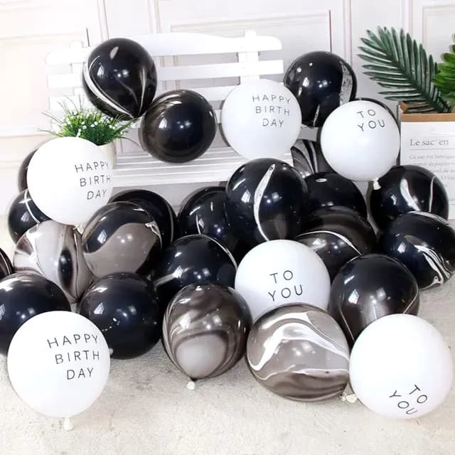 【野思】30顆創意生日氣球組合-瑪瑙紋+生日快樂印花組(乳膠氣球)