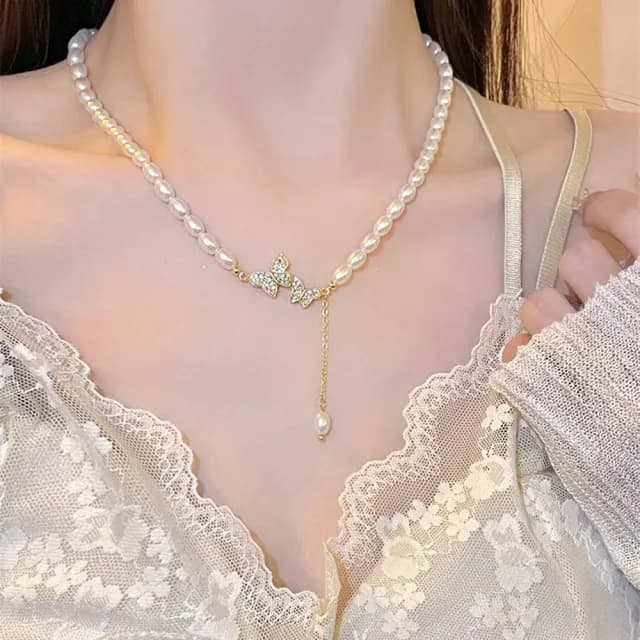 【LEESA】珍珠項鍊\純銀項鍊\蝴蝶項鍊\流蘇\生日禮物\ins項鍊\巴洛克珍珠項鍊\鎖骨鏈