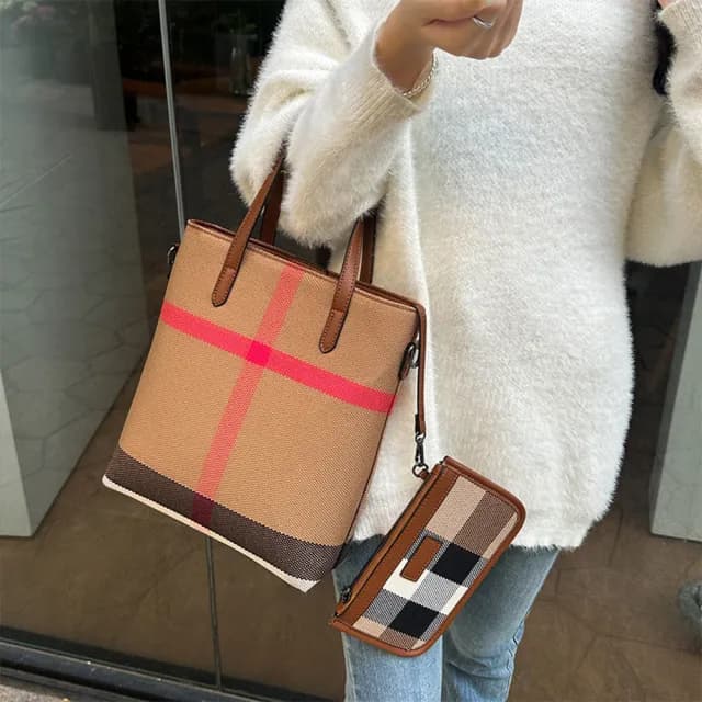 【MoonDy】女生包包 帆布包 大容量托特包 子母手提包 帆布托特包 真皮包包 格子包包 上班包 送長輩 禮 