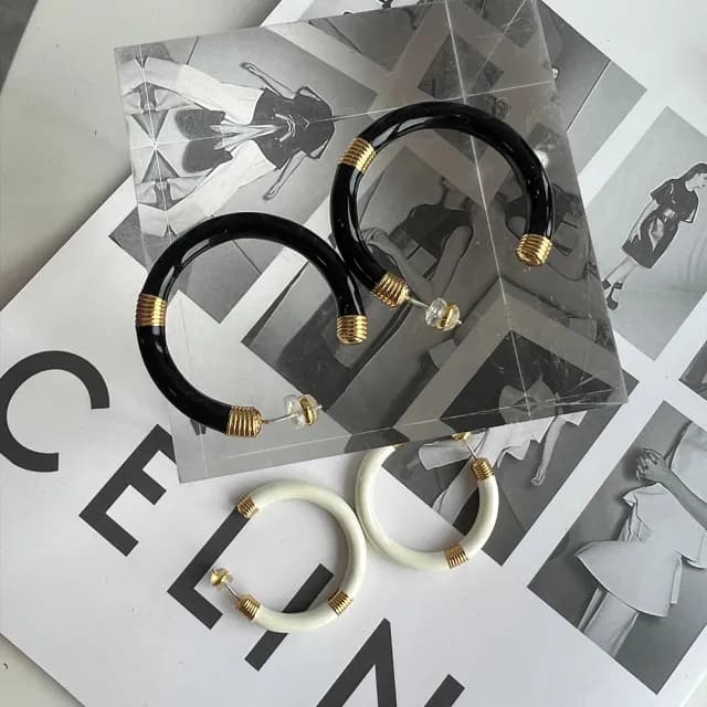 【LEEHER】圈圈耳環/純銀耳環/夾式耳環/C形耳環/大耳環/耳圈/珐琅耳環/歐美耳環/復古耳環/