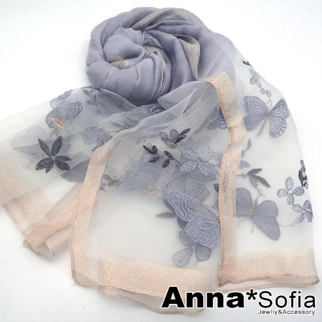 【AnnaSofia】真絲羊毛混紡大尺寸披肩絲巾圍巾-夢蝶紛飛 現貨(淺灰系)