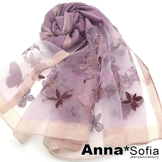 【AnnaSofia】真絲羊毛混紡大尺寸披肩絲巾圍巾-夢蝶紛飛 現貨(藕紫粉系)