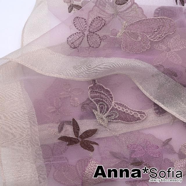 【AnnaSofia】真絲羊毛混紡大尺寸披肩絲巾圍巾-夢蝶紛飛 現貨(藕紫粉系)