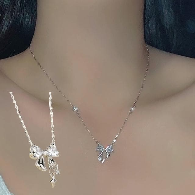 【LEESA】純銀項鍊\輕奢項鍊\生日禮物\蝴蝶結項鍊\韓國項鍊\鎖骨鍊\微型項鍊\送閨蜜\送女友\禮