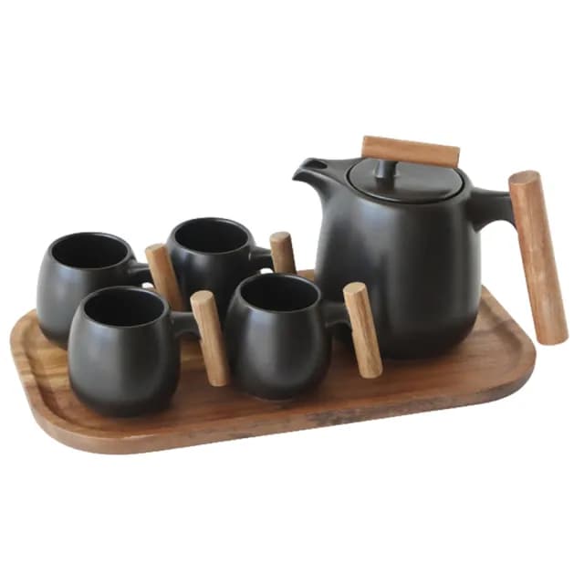 【Just Home】黑墨陶瓷茶具組-1個壺+4個茶杯+1個原木托盤(茶具組 泡茶組 茶壺 茶杯)
