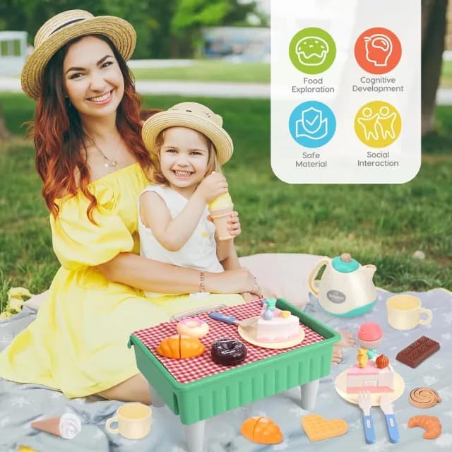 【CuteStone】兒童仿真餐具與切切樂與收納野餐提籃套裝玩具47件組(廚房玩具組 露營玩具 兒童益智玩具)