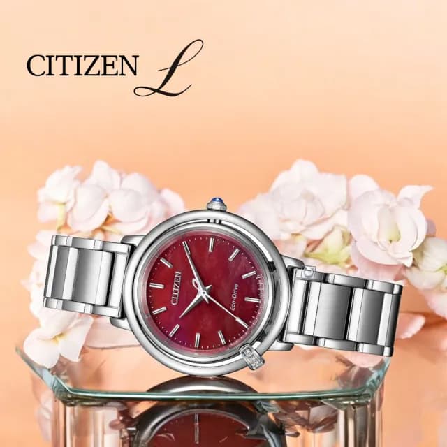 【CITIZEN 星辰】L系列 珍珠母貝 光動能錶 女錶 禮物 推薦(EM1090-78X/紅色31.2mm)