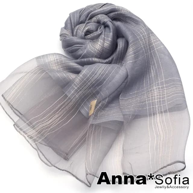 【AnnaSofia】真絲混紡大尺寸披肩絲巾圍巾-朦紗絲線格 現貨(淺灰系)
