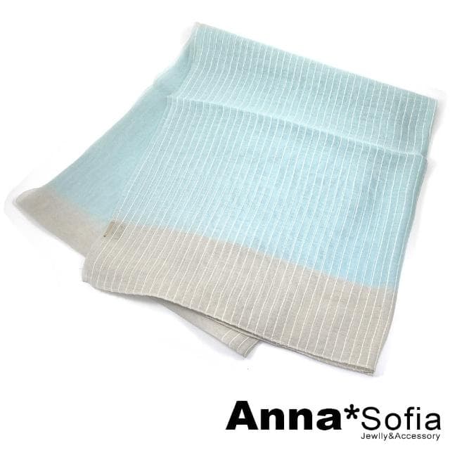 【AnnaSofia】真絲羊毛混紡大尺寸披肩絲巾圍巾-粉彩直條紋拼色 現貨(藍系)
