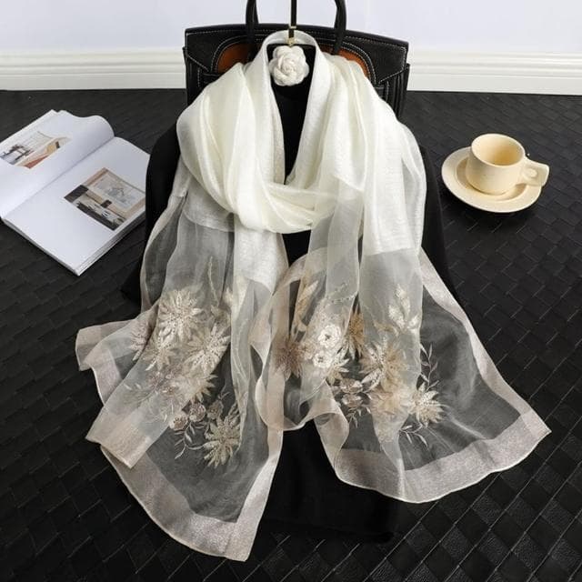 【巴黎精品】現貨+預購 真絲絲巾羊毛圍巾(繡花桑蠶絲拼接紗巾女配件9色a1gt42)