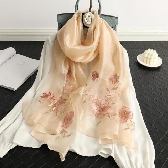 【巴黎精品】現貨+預購 真絲絲巾羊毛圍巾(蘭花刺繡桑蠶絲薄款女配件9色a1gt38)