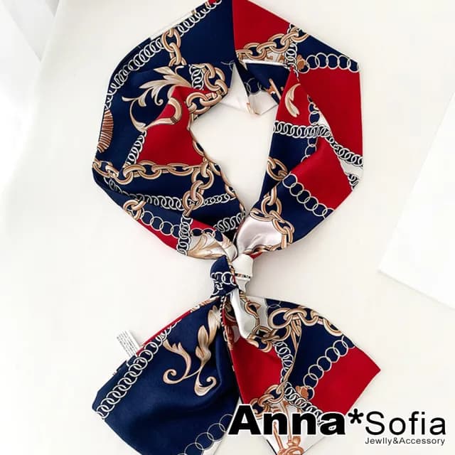 【AnnaSofia】仿絲領巾絲巾圍巾-歐美鎖鏈 窄版緞面 現貨(紅藍系)