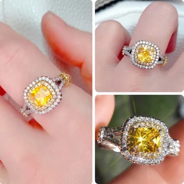 【LEEHER】女生/純銀戒指/黃鋯石戒指/方形鋯戒/食指戒/歐美戒指/結婚鋯戒/生日禮物/送長輩