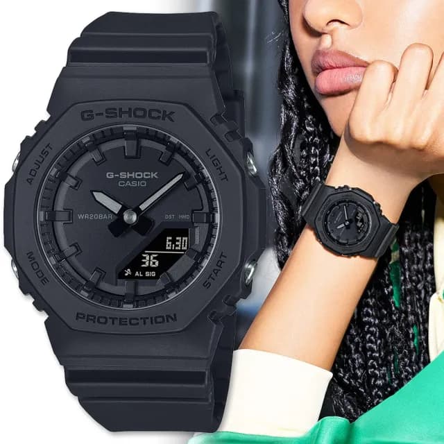 【CASIO 卡西歐】G-SHOCK WOMEN 八角防護構造雙顯錶 情人節 禮物(GMA-P2100BB-1A/速)