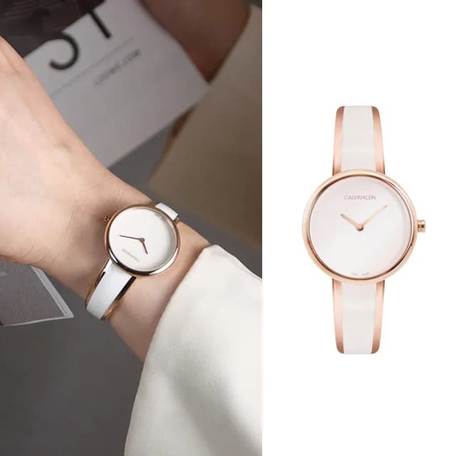 【Calvin Klein 凱文克萊】簡約白色款x玫瑰金 不鏽鋼手環式錶帶 手錶 女錶 CK錶 雙11(K4E2N616)