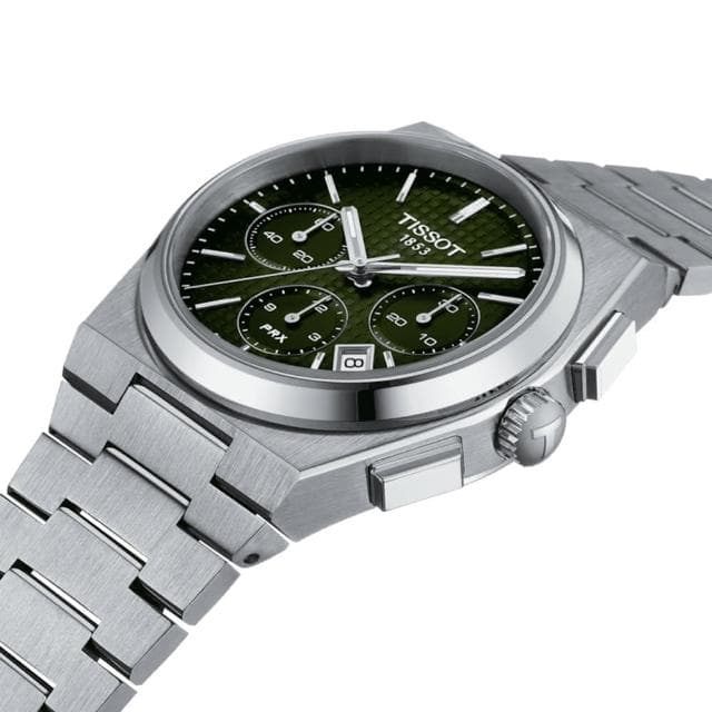 【TISSOT 天梭 官方授權】PRX系列 復古風酒桶型三眼計時機械錶-41.5mm/綠 情人節 禮物(T1374271109100)