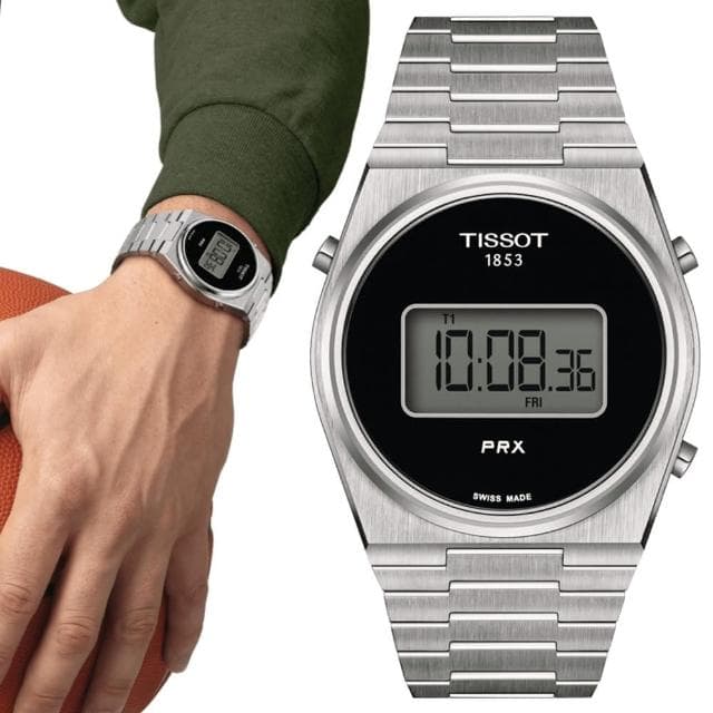 【TISSOT 天梭 官方授權】PRX 復古數位對錶 母親節 禮物 推薦(T1374631105000 / T1372631105000)