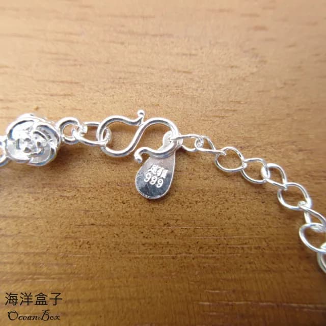 【海洋盒子】立體雙面雪白玫瑰花S999純銀手鍊贈禮盒(送禮 禮盒 S999足銀 純銀)