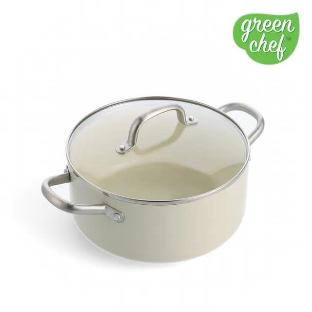 【GreenPan】GreenChef 鑽石陶瓷塗層不沾雙耳湯鍋 東京木紋 20cm 奶油白(含蓋/交換禮物/不沾鍋/陶瓷)