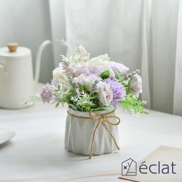【Eclat】北歐ins風仿真迷你療癒陶瓷麻繩小盆栽/桌面裝飾擺設/花藝擺件_5款一組(仿真植物 仿真綠植物)