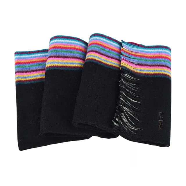 【Paul Smith】PAUL SMITH刺繡LOGO美麗諾羊毛側條紋設計針織圍巾(黑x多彩)