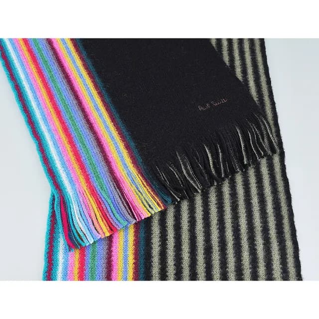 【Paul Smith】PAUL SMITH刺繡LOGO美麗諾羊毛側條紋設計針織圍巾(黑x多彩)