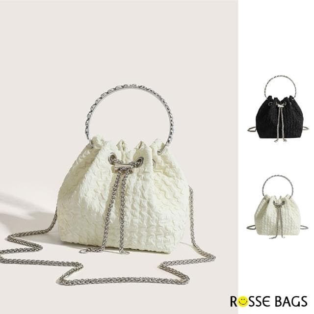 【Rosse Bags】母親節禮物 時尚雲朵褶皺質感純色鏈袋水桶手提包(現+預 黑色／米色)