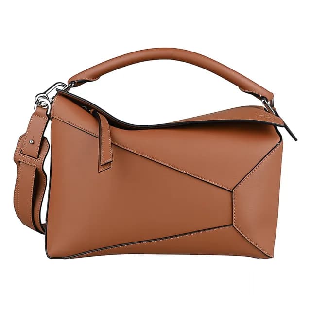 【LOEWE 羅威】LOEWE Puzzle經典壓印LOGO拼圖小牛皮手提斜背包(中/棕褐)