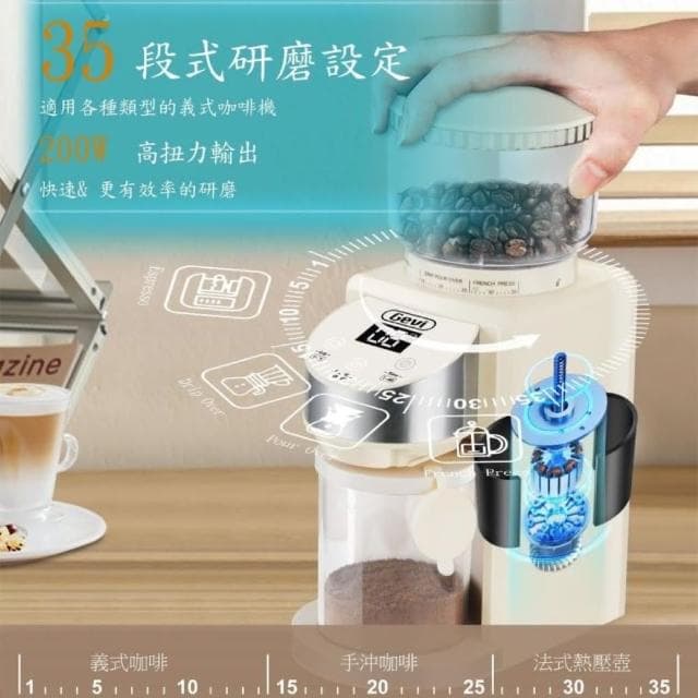 【Gevi】抗靜電定量錐刀磨豆機(35階研磨調節/業界推薦/輕巧時尚)