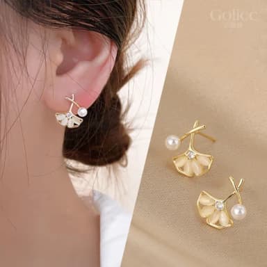 【Golicc】貓眼石 銀杏葉 耳環(七夕 情人節 生日 飾品 耳釘 耳飾 耳墜 禮物)