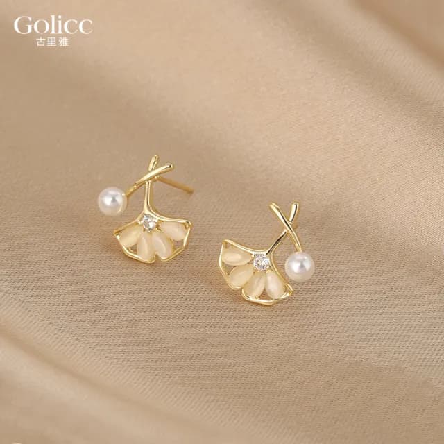 【Golicc】貓眼石 銀杏葉 耳環(七夕 情人節 生日 飾品 耳釘 耳飾 耳墜 禮物)
