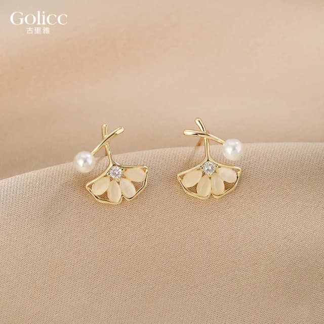 【Golicc】貓眼石 銀杏葉 耳環(99購物限定 生日 飾品 耳釘 耳飾 耳墜 禮物)