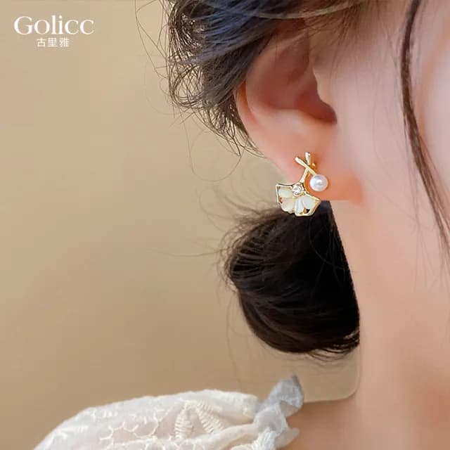 【Golicc】貓眼石 銀杏葉 耳環(七夕 情人節 生日 飾品 耳釘 耳飾 耳墜 禮物)