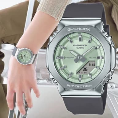 【CASIO 卡西歐】G-SHOCK 淡雅金屬質感八角髮絲紋雙顯錶 情人節 禮物(GM-S2110-3A/速)