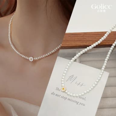【Golicc】清新小雛菊珍珠鎖骨鍊(母親節 生日 情人節 鎖骨鍊 項鍊 飾品 禮物)