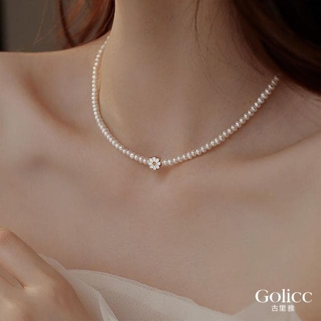 【Golicc】清新小雛菊珍珠鎖骨鍊(母親節 生日 情人節 鎖骨鍊 項鍊 飾品 禮物)