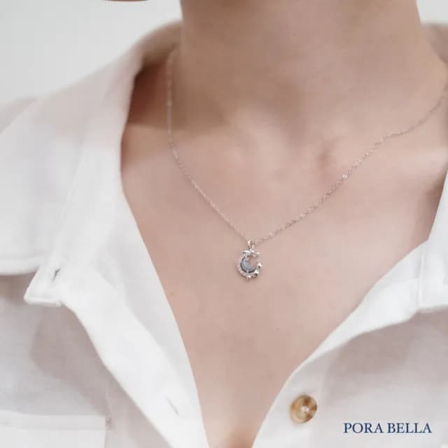 【Porabella】S925純銀星月蝴蝶結項鍊 藍色月亮鎖骨鏈 月亮星星項鏈 鋯石項鍊 生日禮物 Necklace