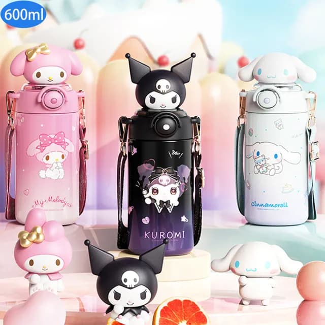 【TDL】HELLO KITTY大耳狗酷洛米316不鏽鋼保溫杯水壺兒童彈跳吸管杯附背帶600ml 73121(生日禮物 聖誕節)